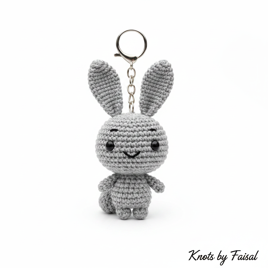 Grey crochet bunny keychain by Knots by Faisal