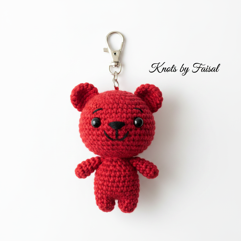 Red crochet bear keychain by Knots by Faisal