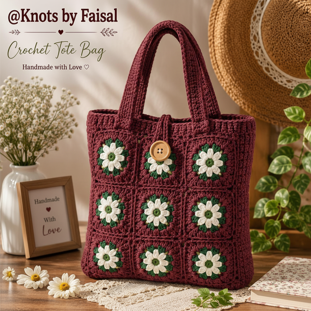 Maroon crochet daisy tote bag by Knots by Faisal