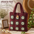Maroon crochet daisy tote bag by Knots by Faisal