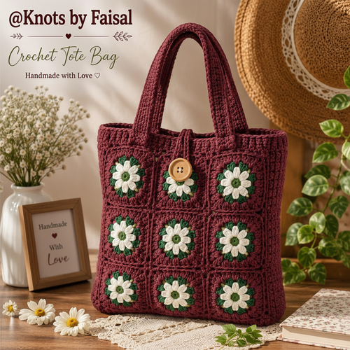 Maroon crochet daisy tote bag by Knots by Faisal