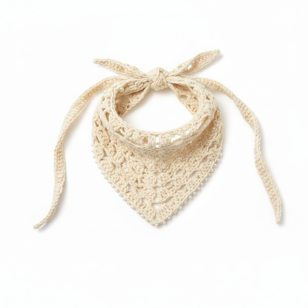 Crochet Bandana - Cream with Pearls