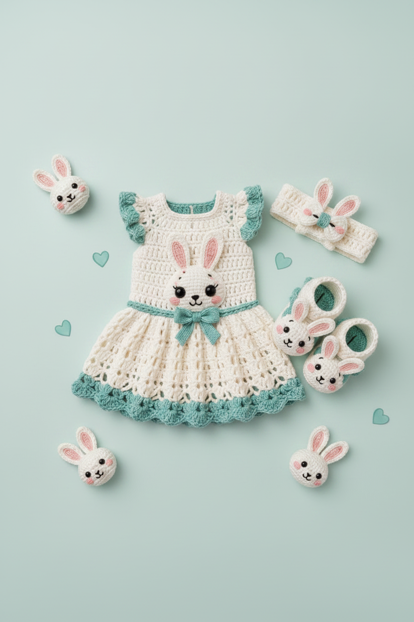 Crochet Bunny Baby Dress Set - Teal