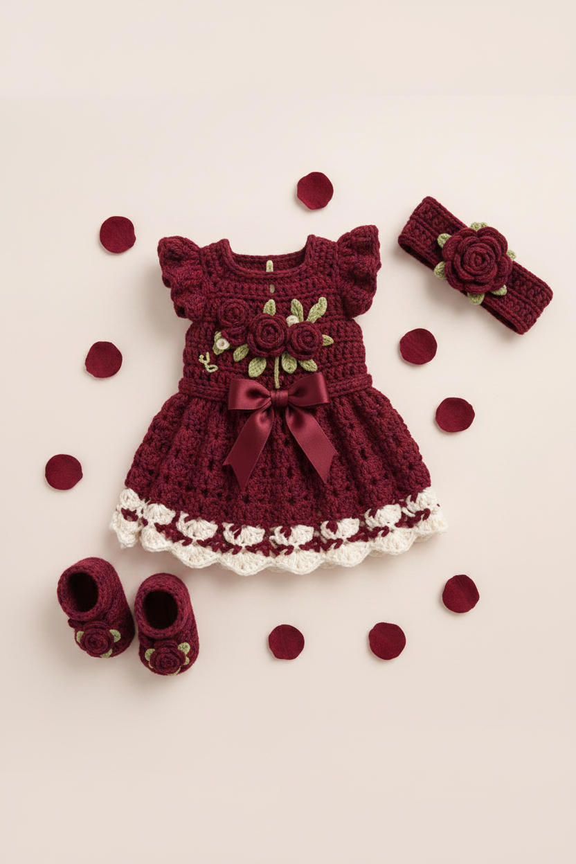 Handmade crochet maroon rose baby frock set