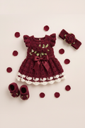 Handmade crochet maroon rose baby frock set