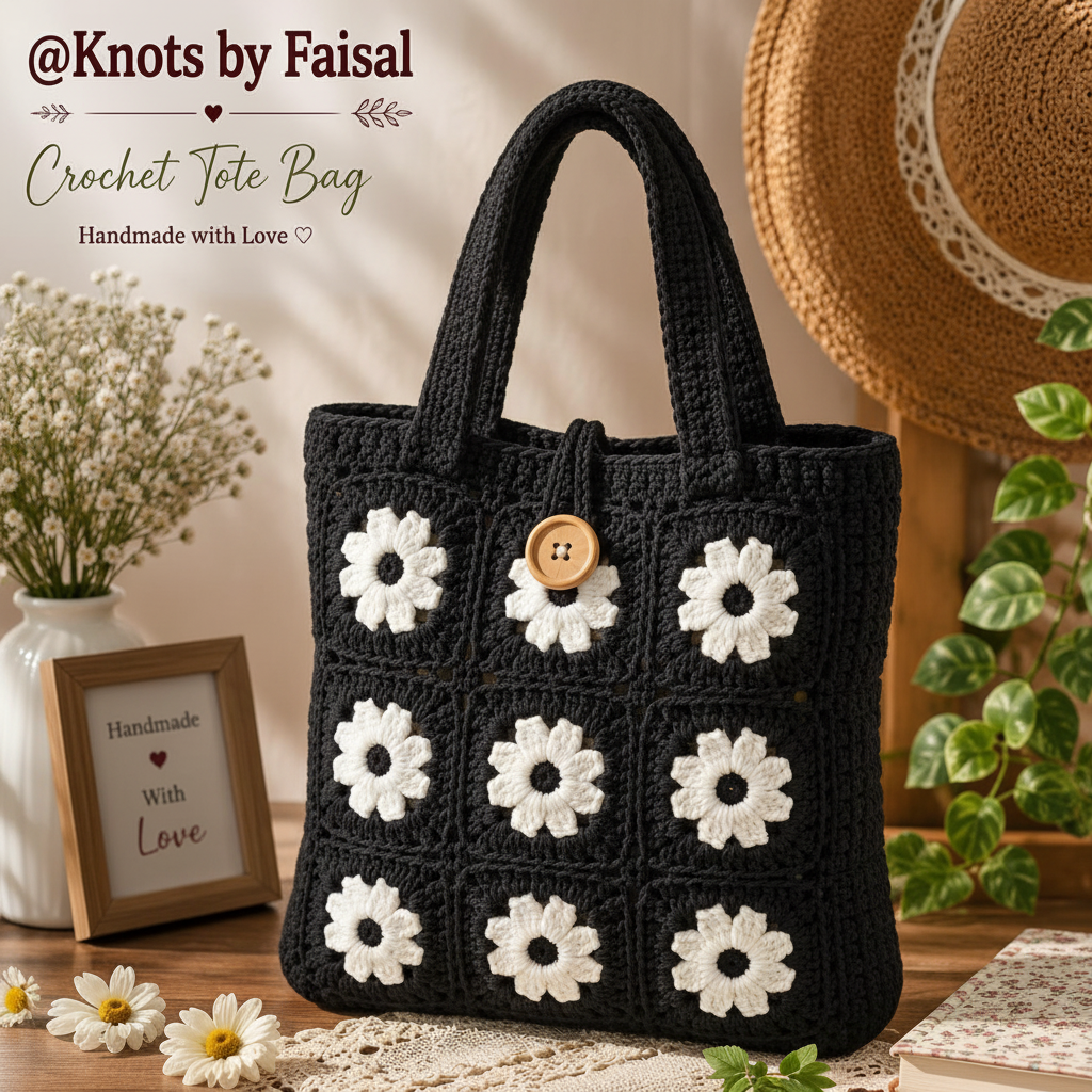 Black crochet daisy tote bag by Knots by Faisal