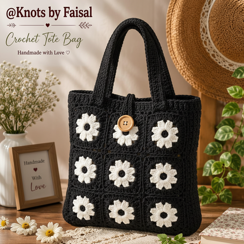 Black crochet daisy tote bag by Knots by Faisal