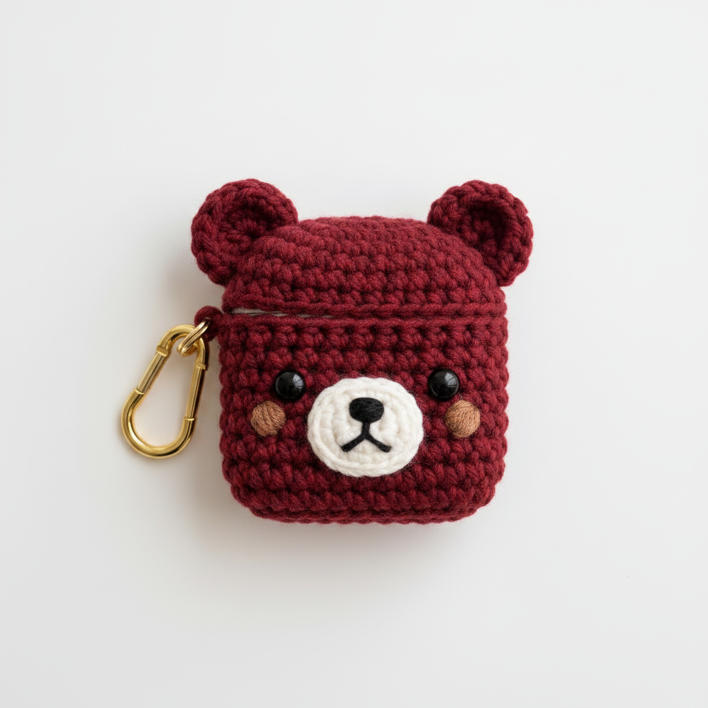 Crochet Bear AirPods Case - Maroon
