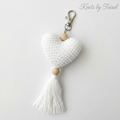 White crochet heart keychain with tassel by Knots by Faisal