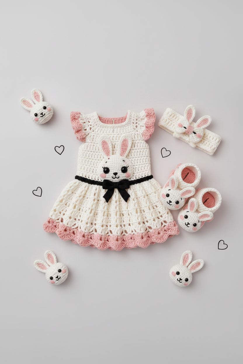 Crochet Bunny Baby Dress Set - Black