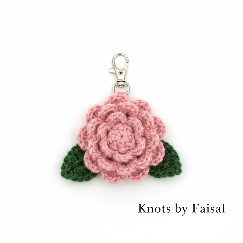 Pink crochet flower keychain by Knots by Faisal