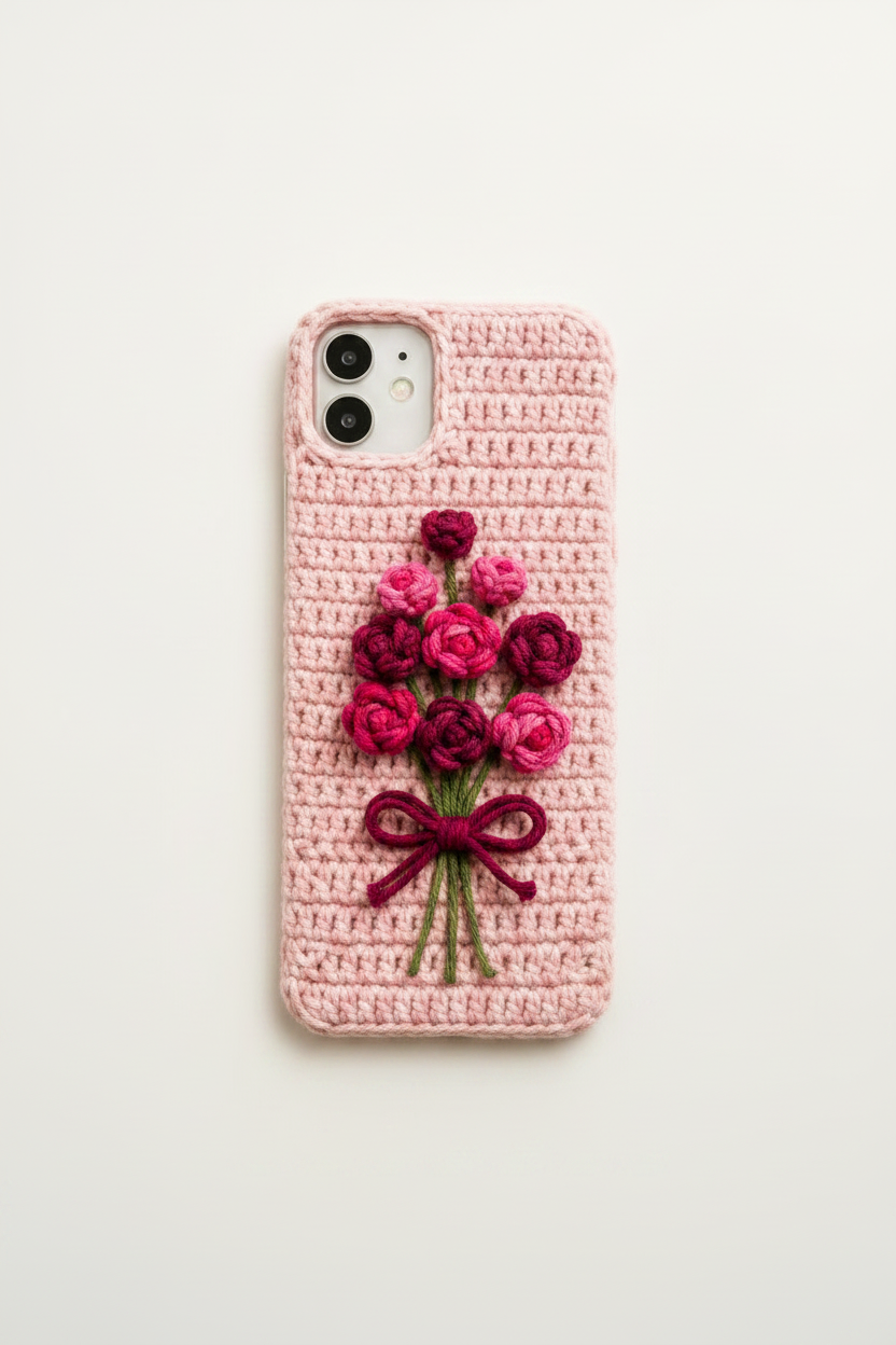 Crochet Bouquet Phone Case - Pink with Dark Pink Bouquet