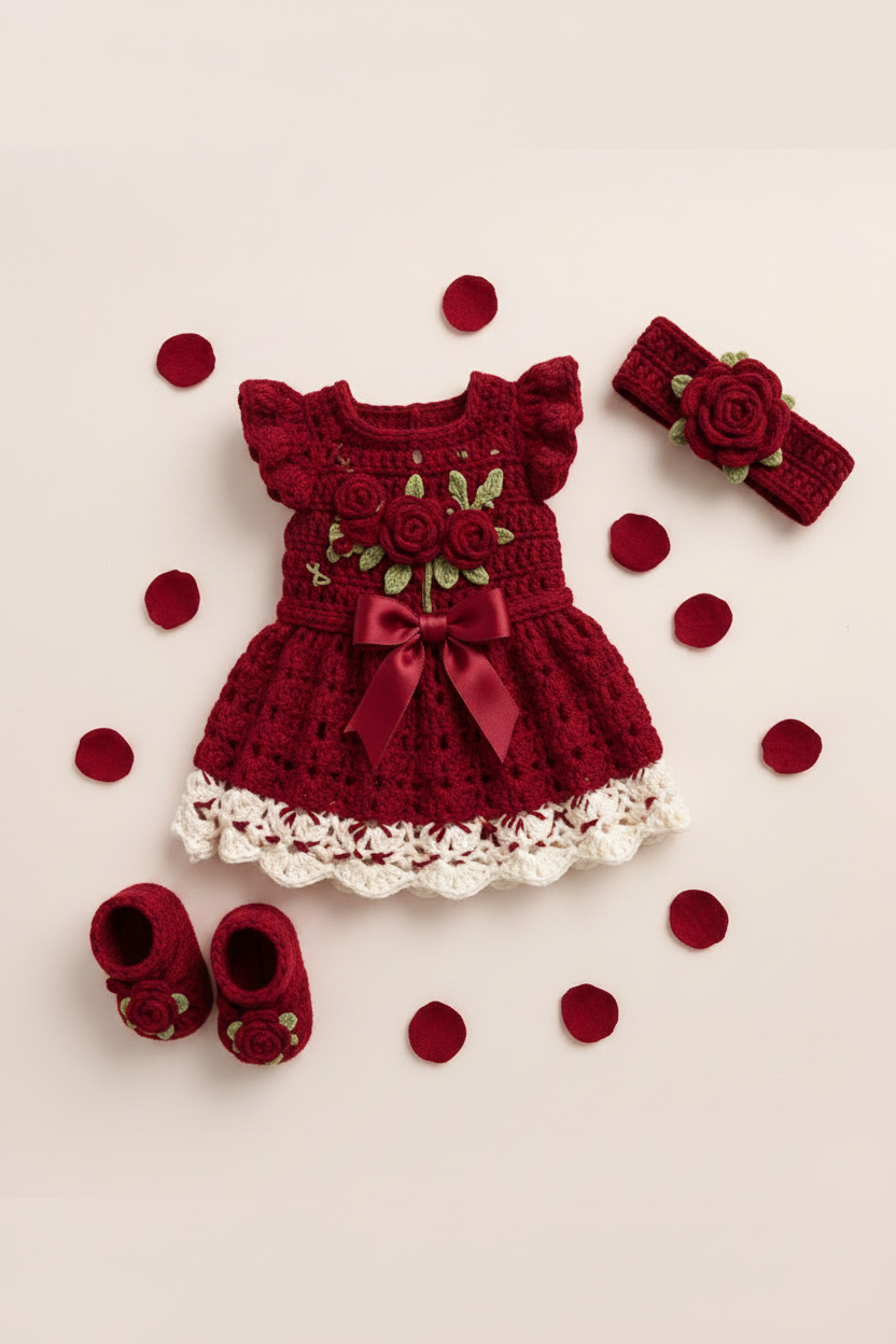 Handmade crochet red rose baby frock set