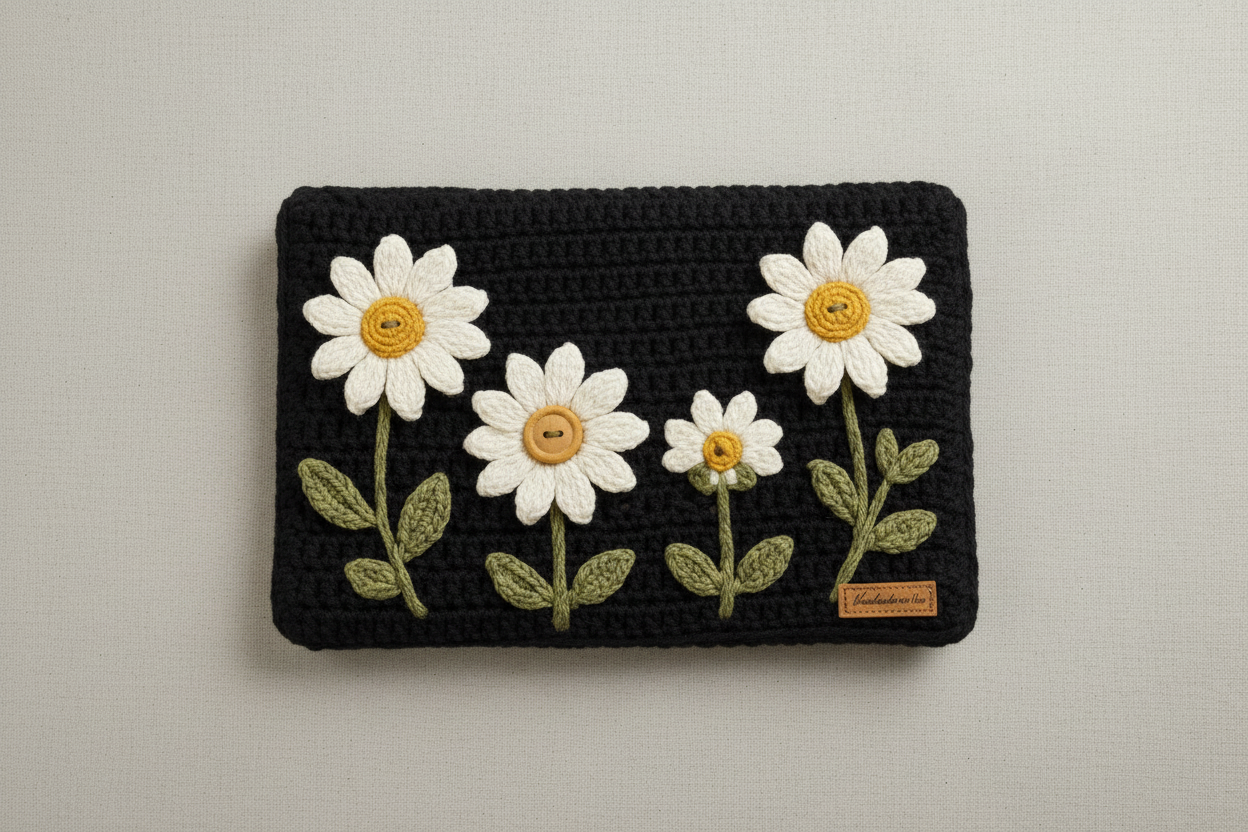 Crochet Daisy Laptop Cover - Black