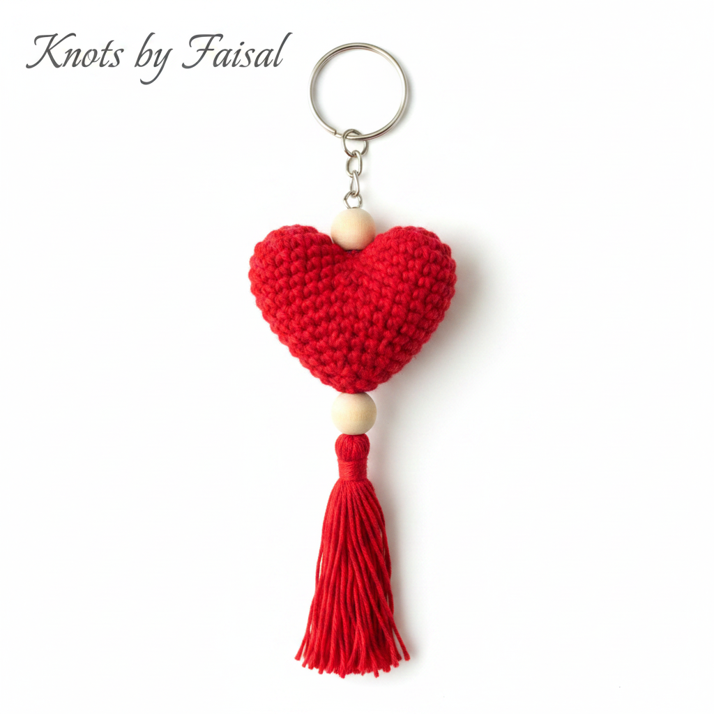 Red crochet heart keychain by Knots by Faisal