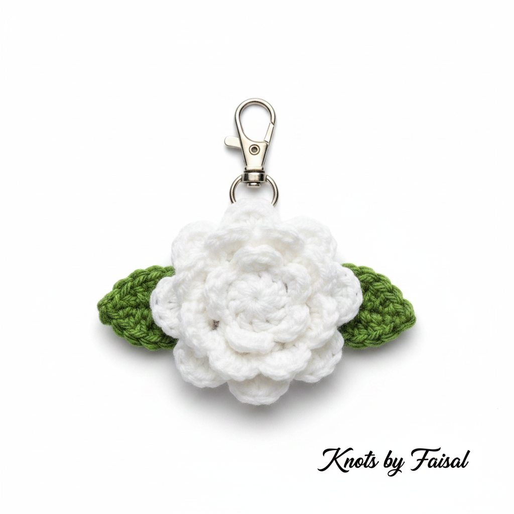 White crochet flower keychain by Knots by Faisal