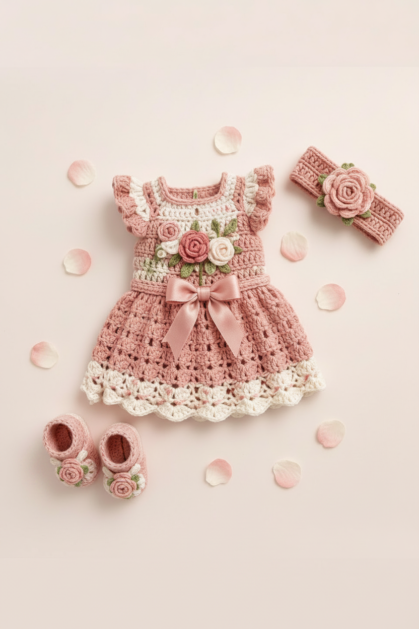 Handmade crochet lilac rose baby frock set
