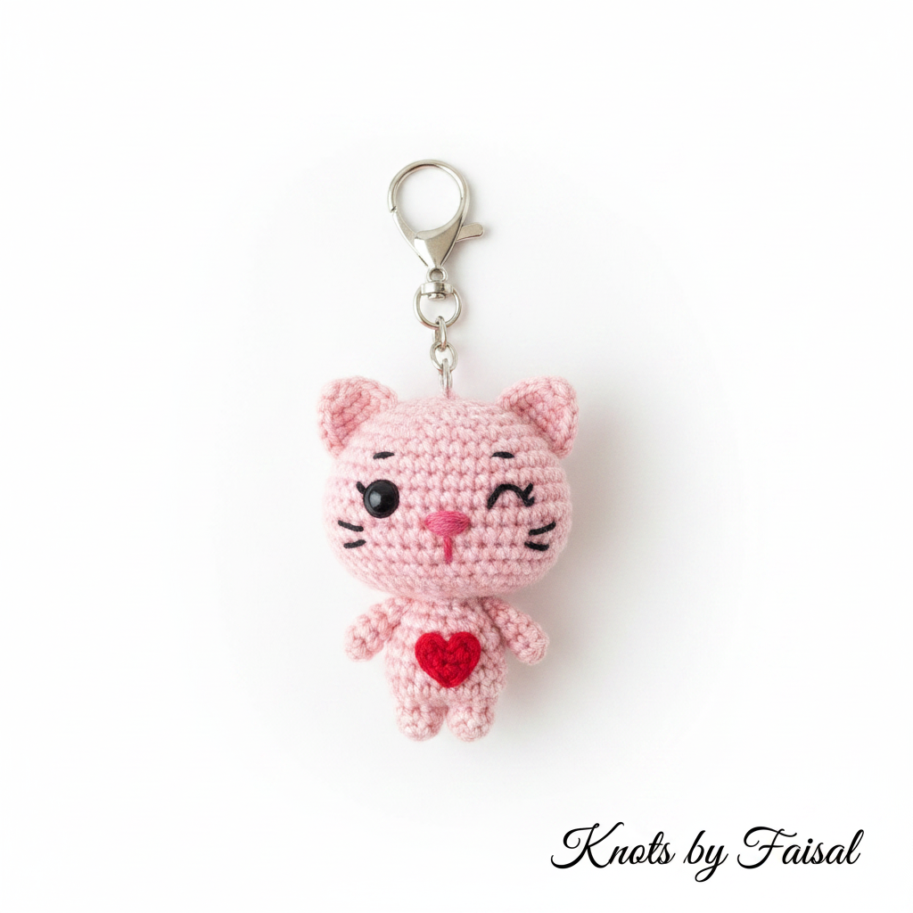 Pink crochet cat keychain by Knots by Faisal