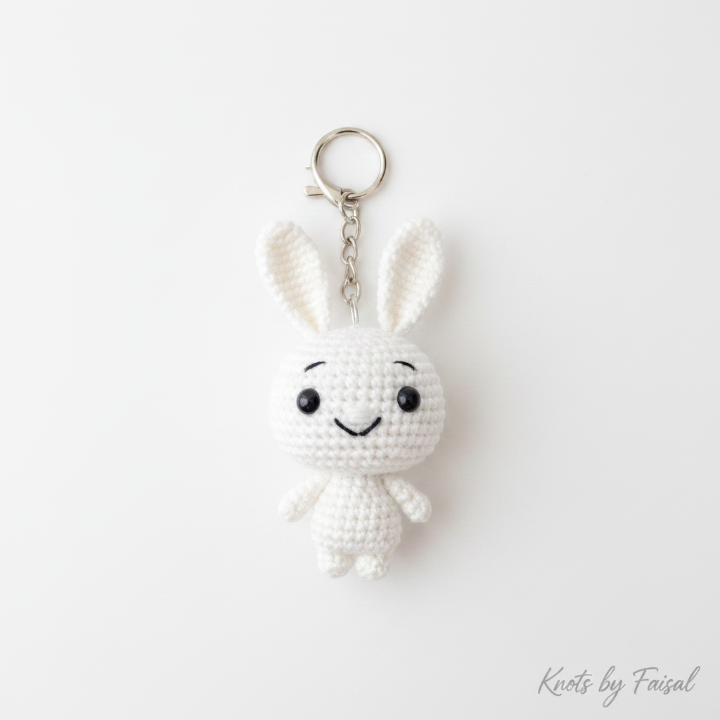 White crochet bunny keychain by Knots by Faisal