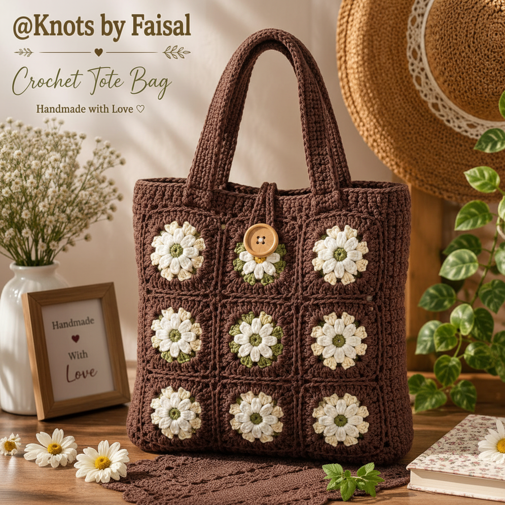 Dark brown crochet daisy tote bag by Knots by Faisal