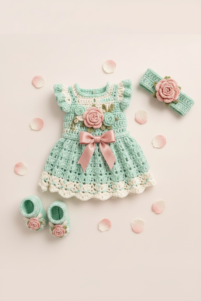 Handmade crochet pastel mint rose baby frock set