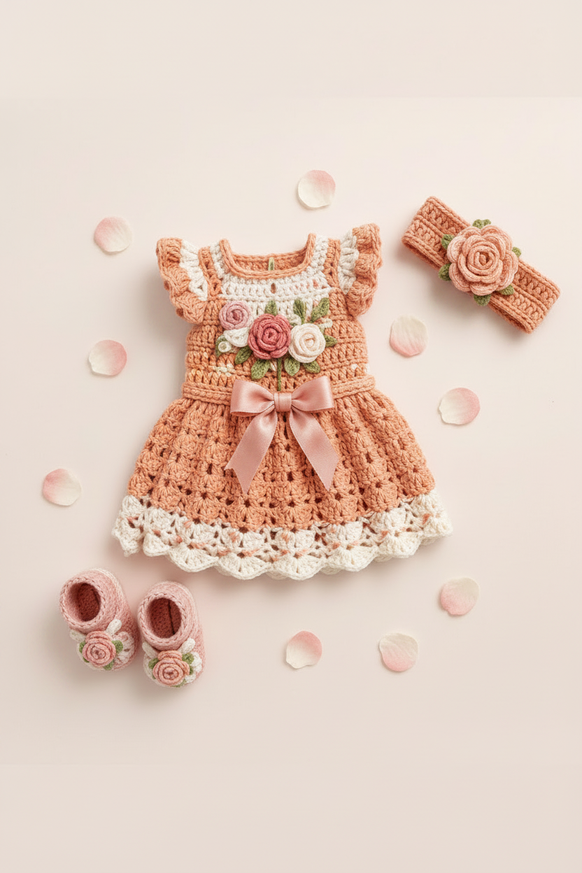 Handmade crochet peach rose baby frock set