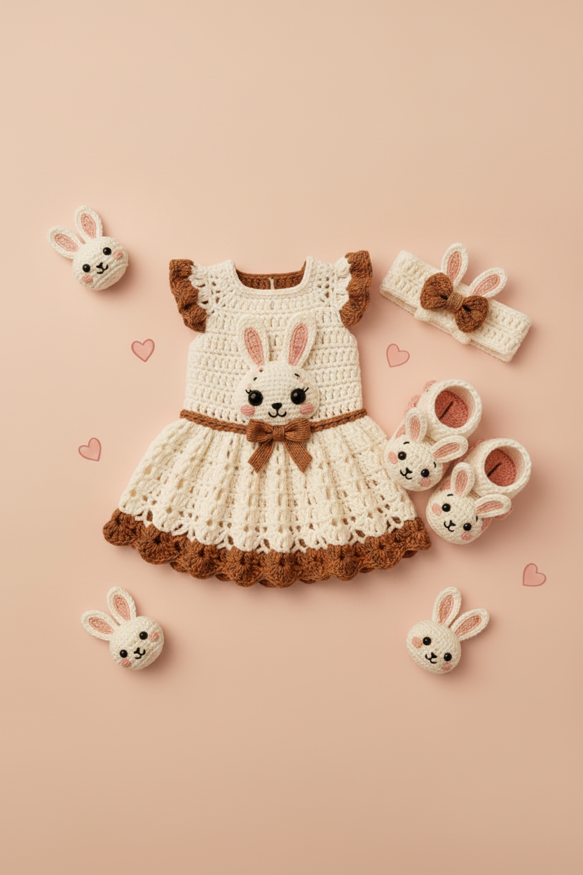 Crochet Bunny Baby Dress Set - Bronze