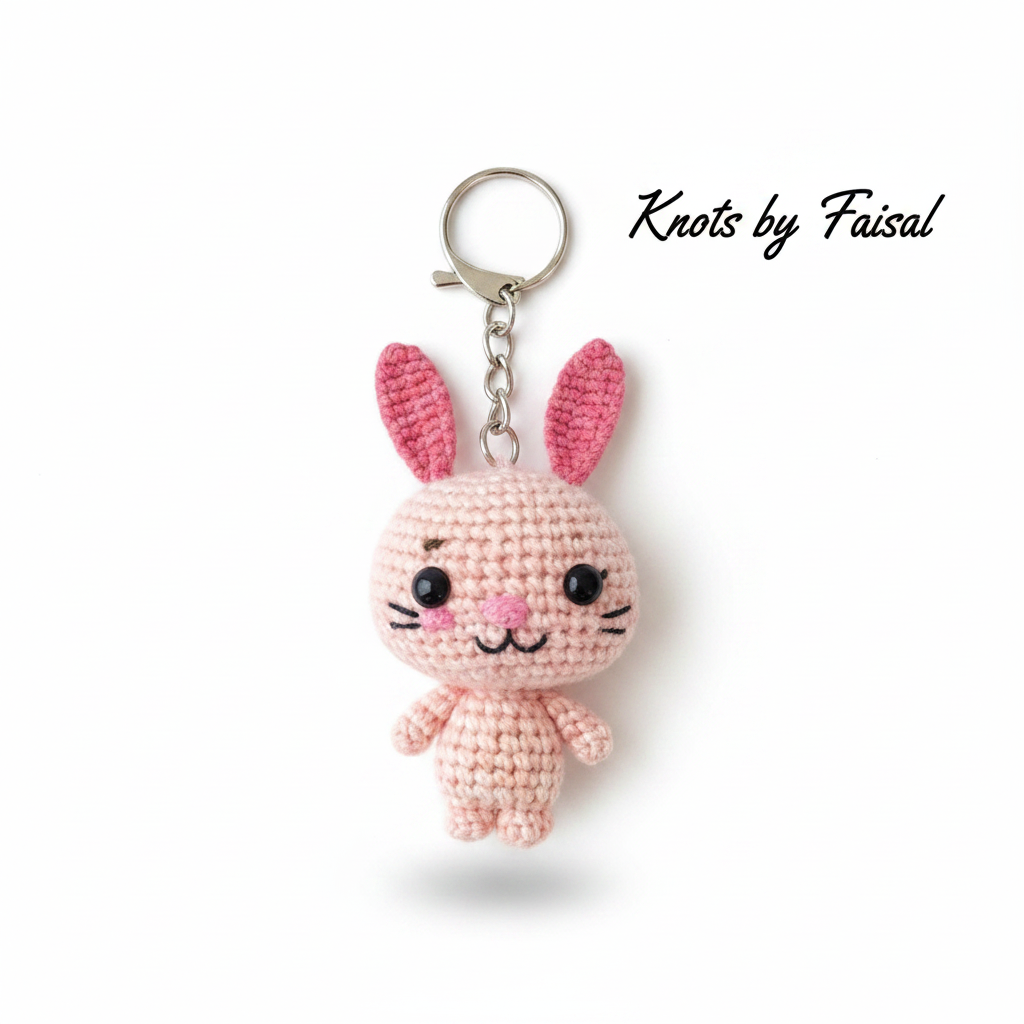Pink crochet bear keychain by Knots by Faisal