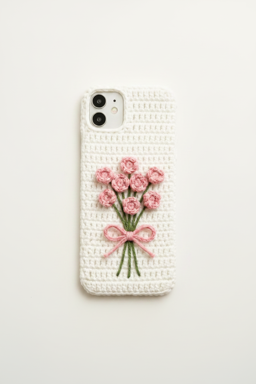 Crochet Bouquet Phone Case - White with Pink Bouquet