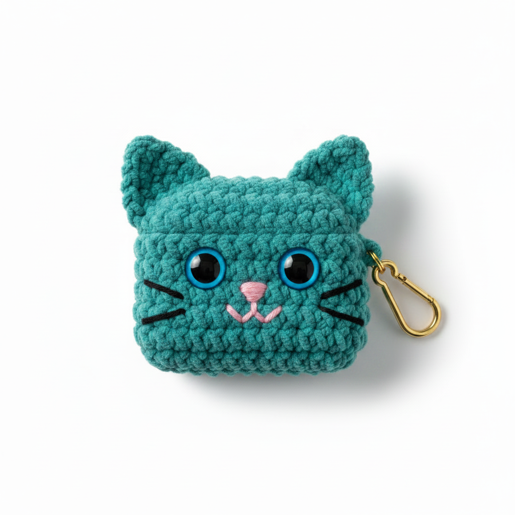 Crochet Cat AirPods Case - Teal