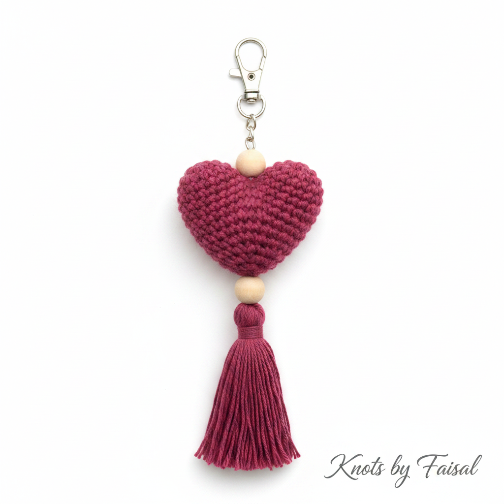 Pink crochet heart keychain with tassel by Knots by Faisal