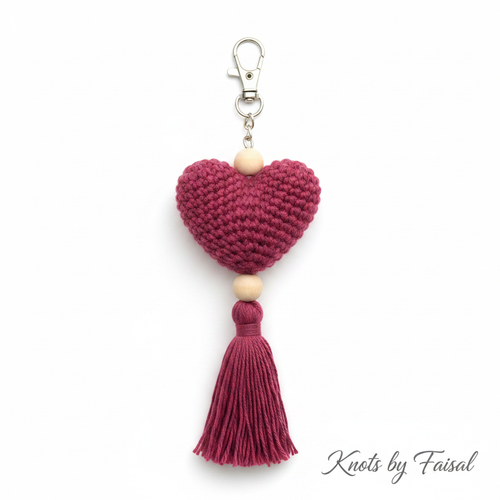 Pink crochet heart keychain with tassel by Knots by Faisal