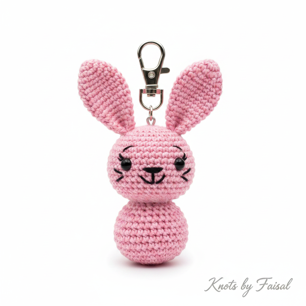 Pink crochet bunny keychain by Knots by Faisal