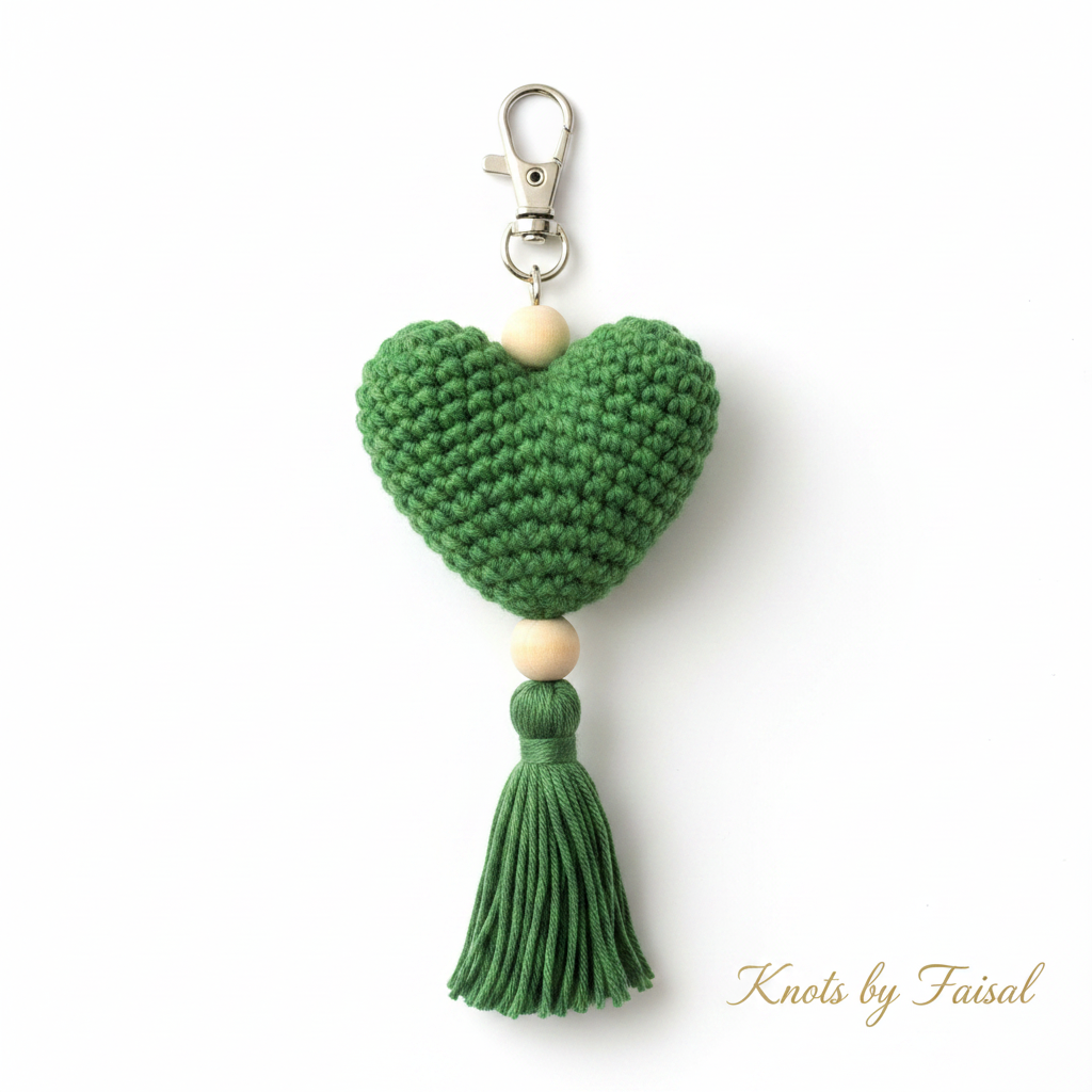 Green crochet heart keychain with tassel by Knots by Faisal