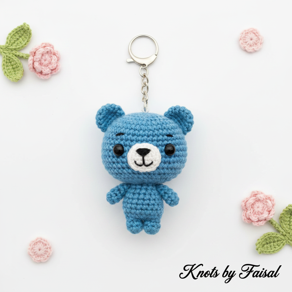 Blue crochet bear keychain by Knots by Faisal