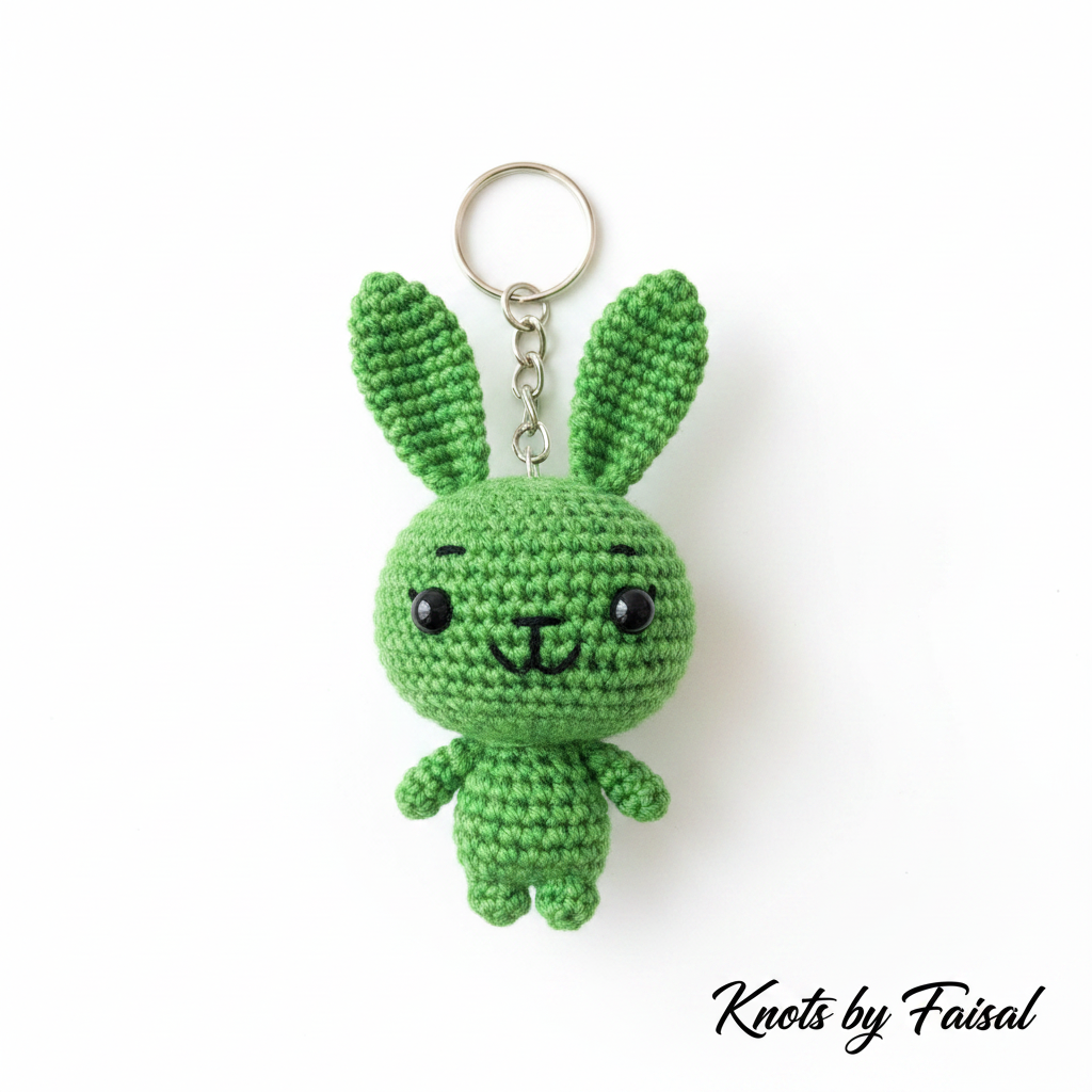 Green crochet bunny keychain by Knots by Faisal