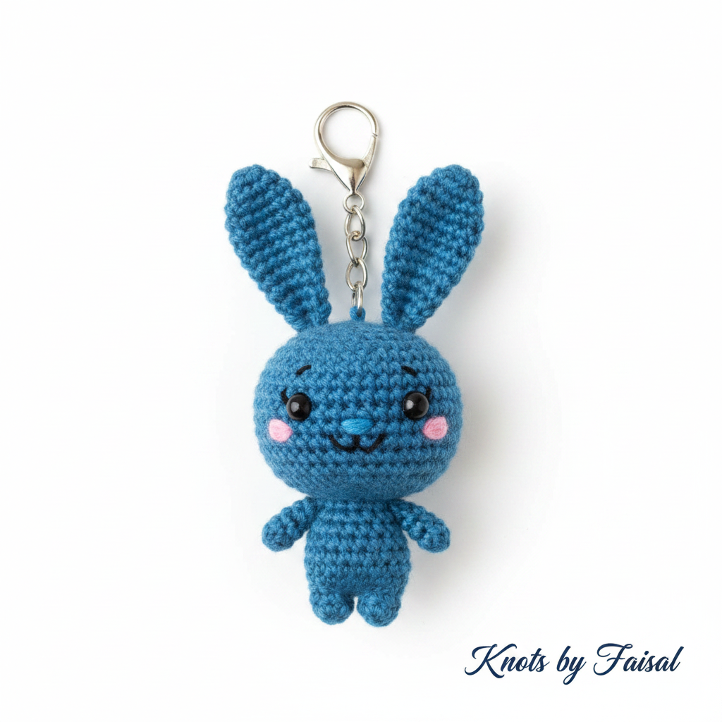Blue crochet bunny keychain by Knots by Faisal