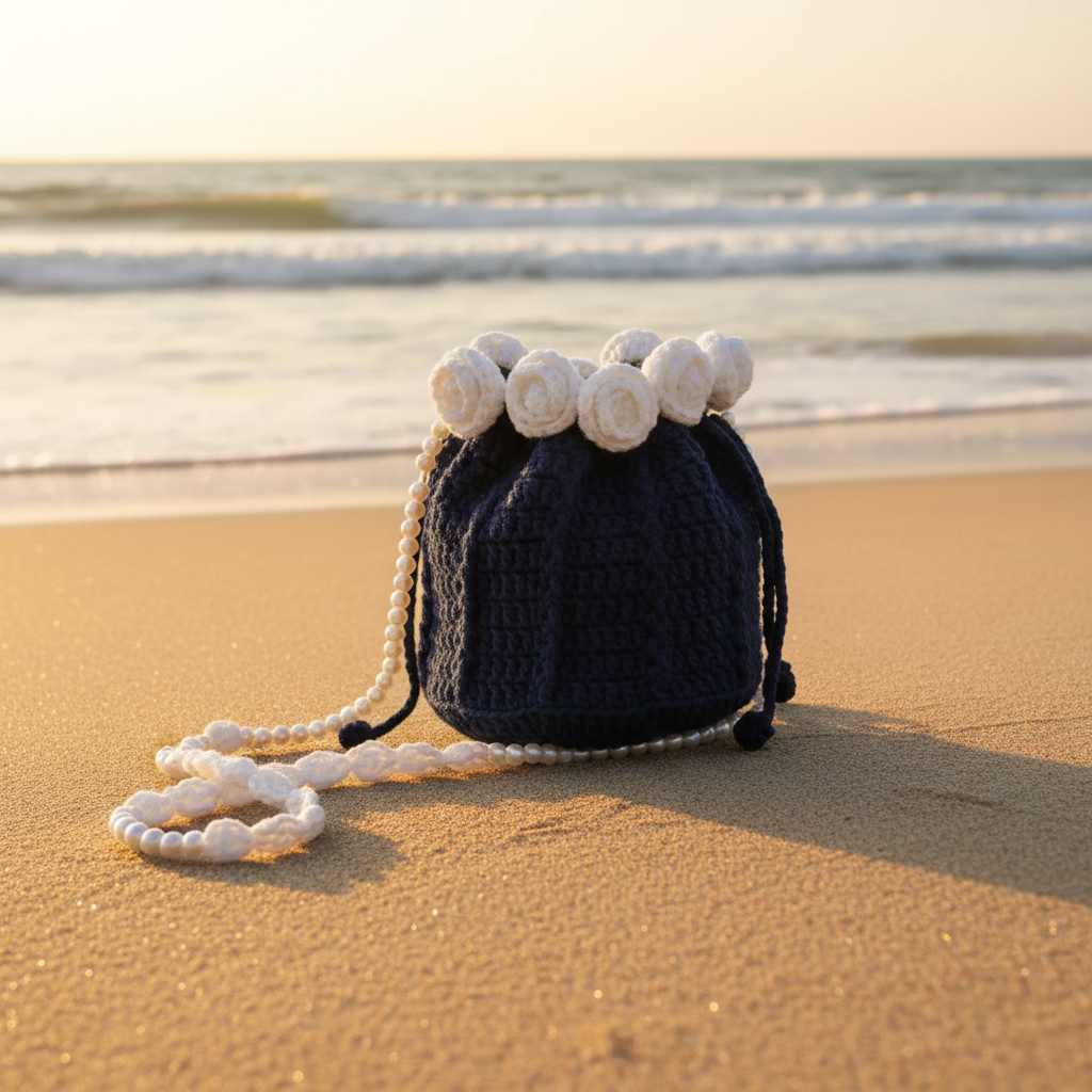 Bow-Shaped Crochet Bag with Pearl & Chain Strap
