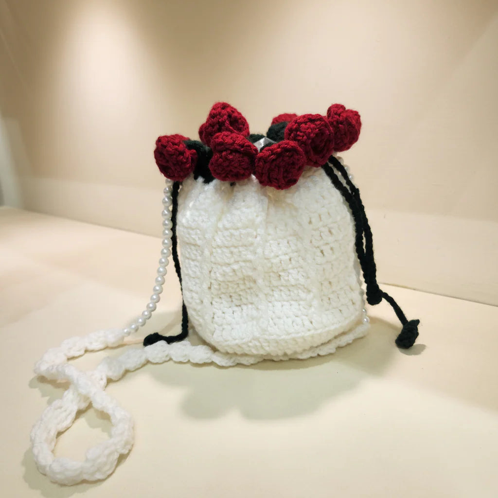 Bow-Shaped Crochet Bag with Pearl & Chain Strap