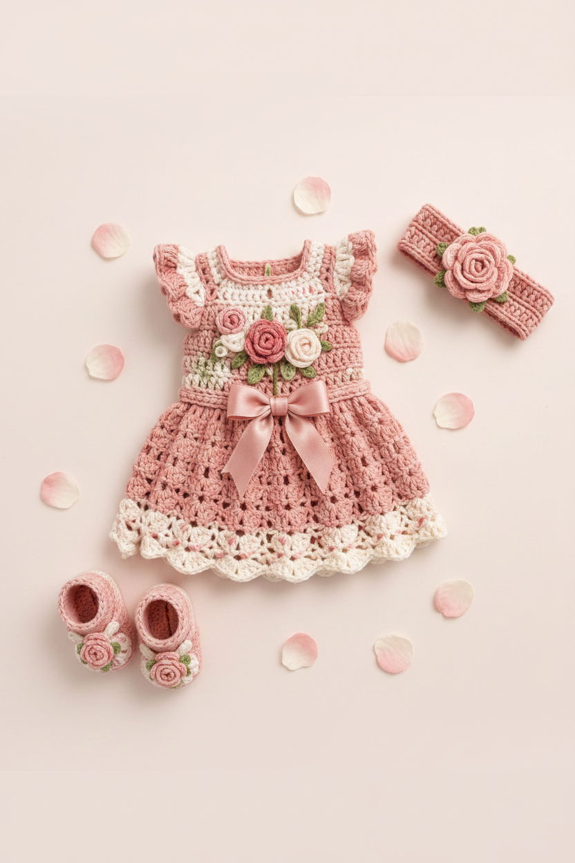 Handcrafted Crochet Rose Frock Set — Knots by Faisal