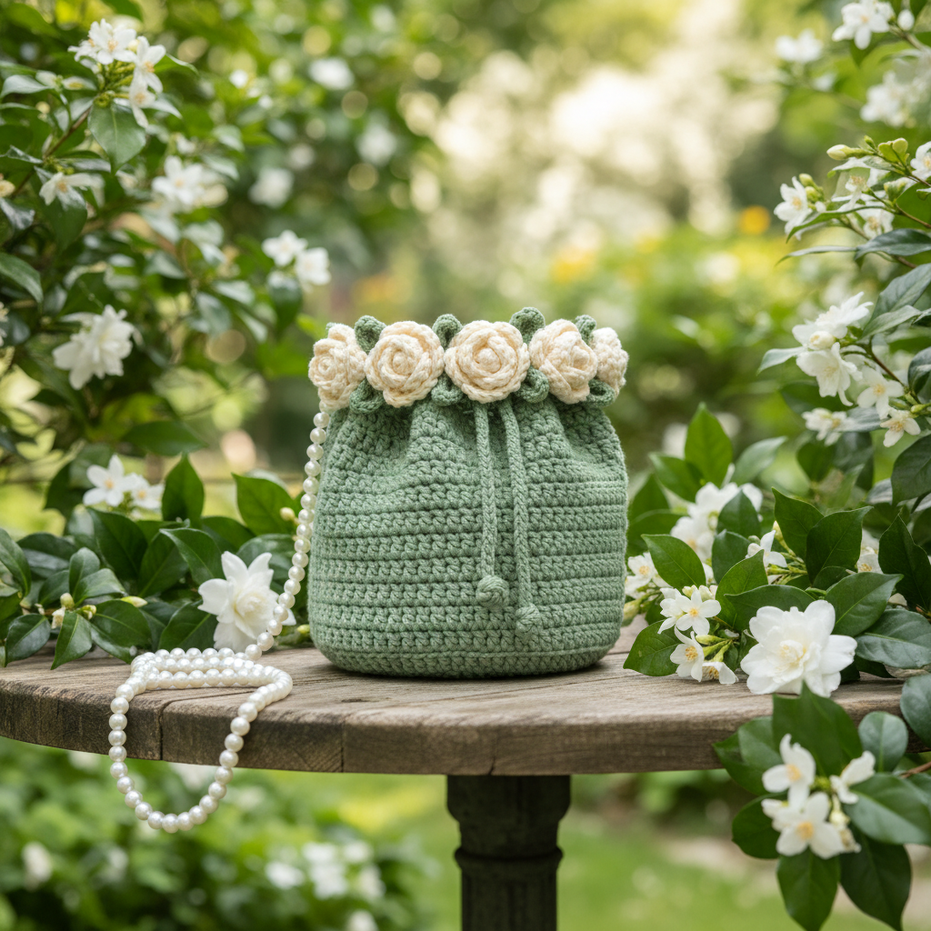 Bow-Shaped Crochet Bag with Pearl & Chain Strap